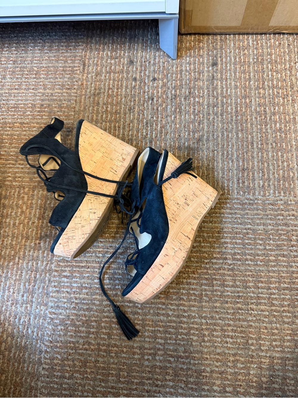 Ivanka Trump Black Suede Cork Wedge Sandals with Tassel Ankle Tie